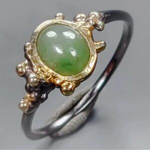Elegant Green Jade Art Deco Ring in 14K Gold and Rhodium Size 7
